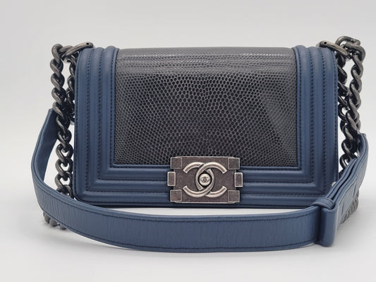Chanel Small Boy Bag · Navy Lambskin & Black Lizard Exotic