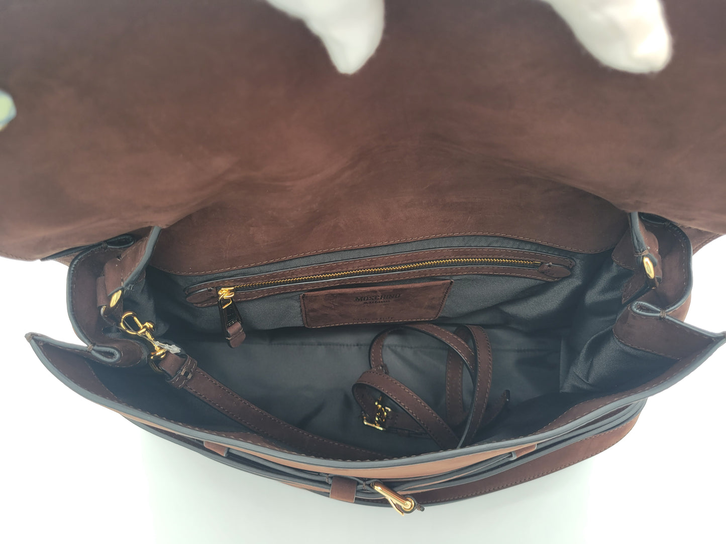 Moschino Milano "Tie Me" Large Suede Shoulder Bag · Chocolate Brown