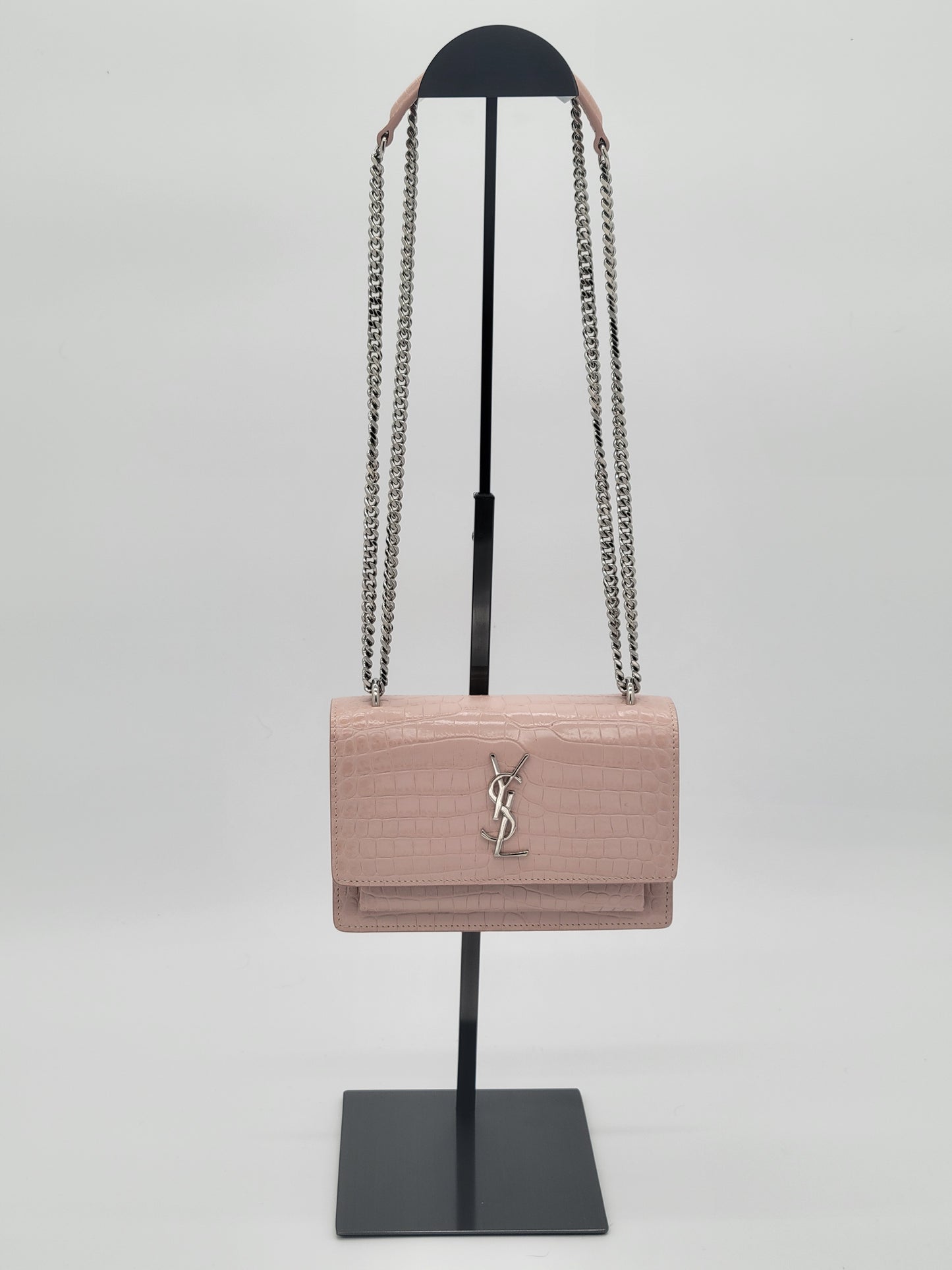 Saint Laurent Sunset Bag in Powder Pink Crocodile-Embossed Leather