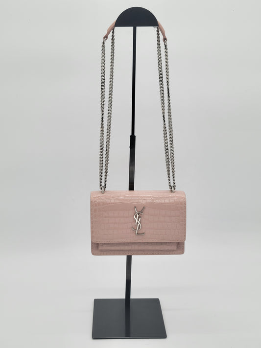 Saint Laurent Sunset Bag in Powder Pink Crocodile-Embossed Leather