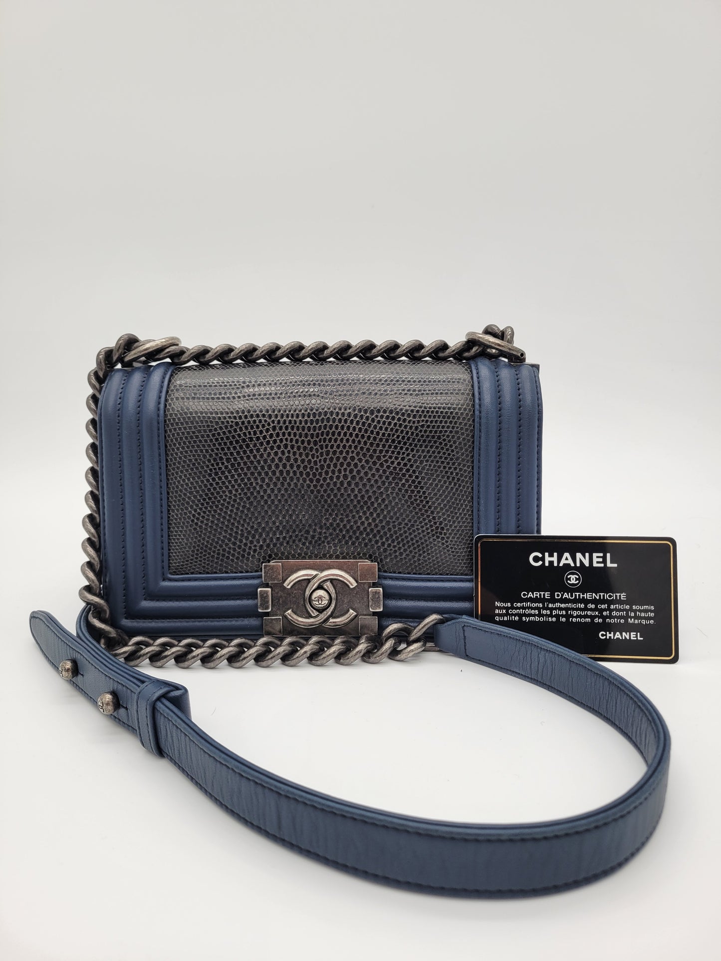 Chanel Small Boy Bag · Navy Lambskin & Black Lizard Exotic