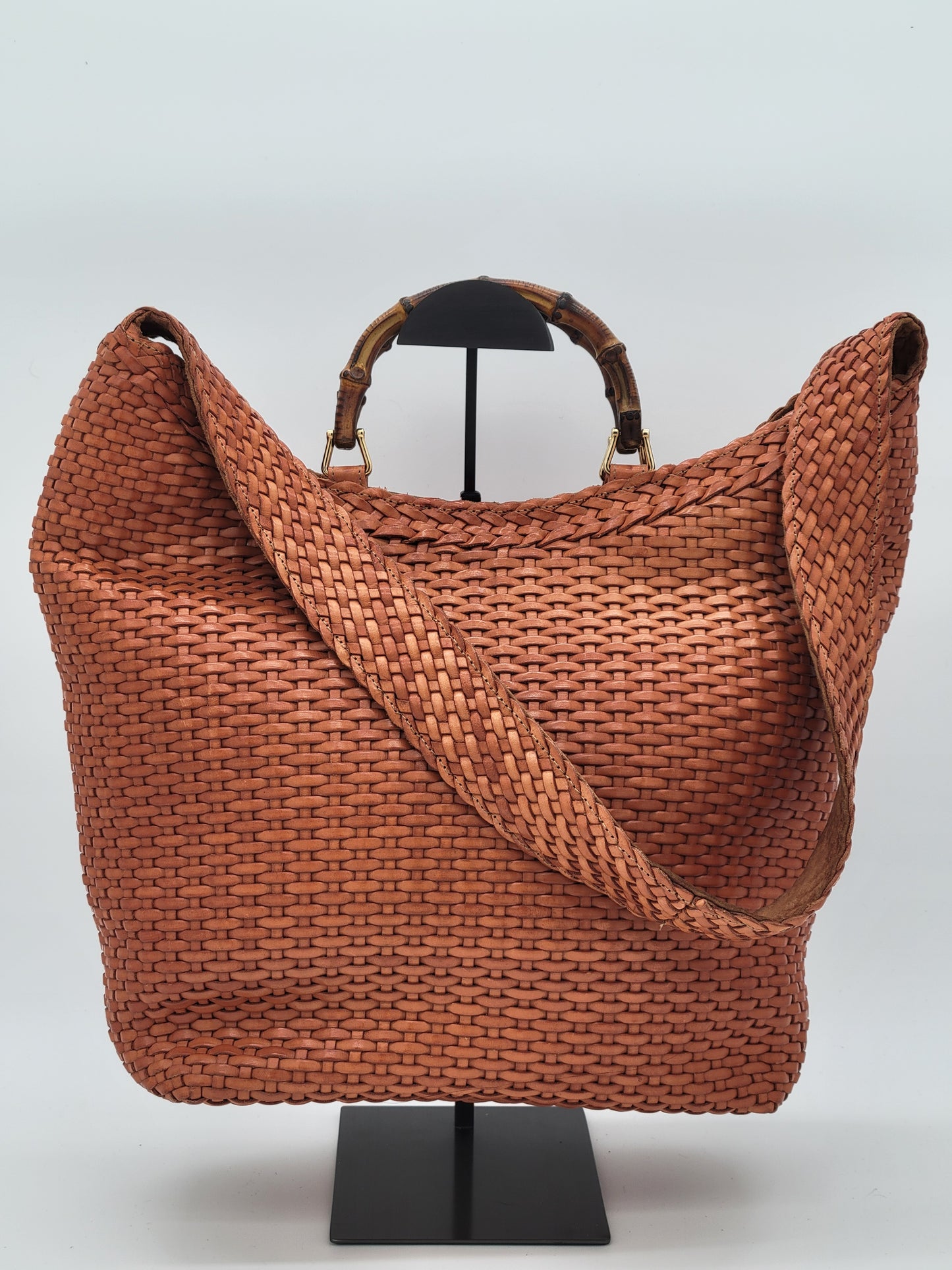 Vintage Tom Ford Gucci Brown Woven Leather Bamboo Handle 2-Way Bag X-Large