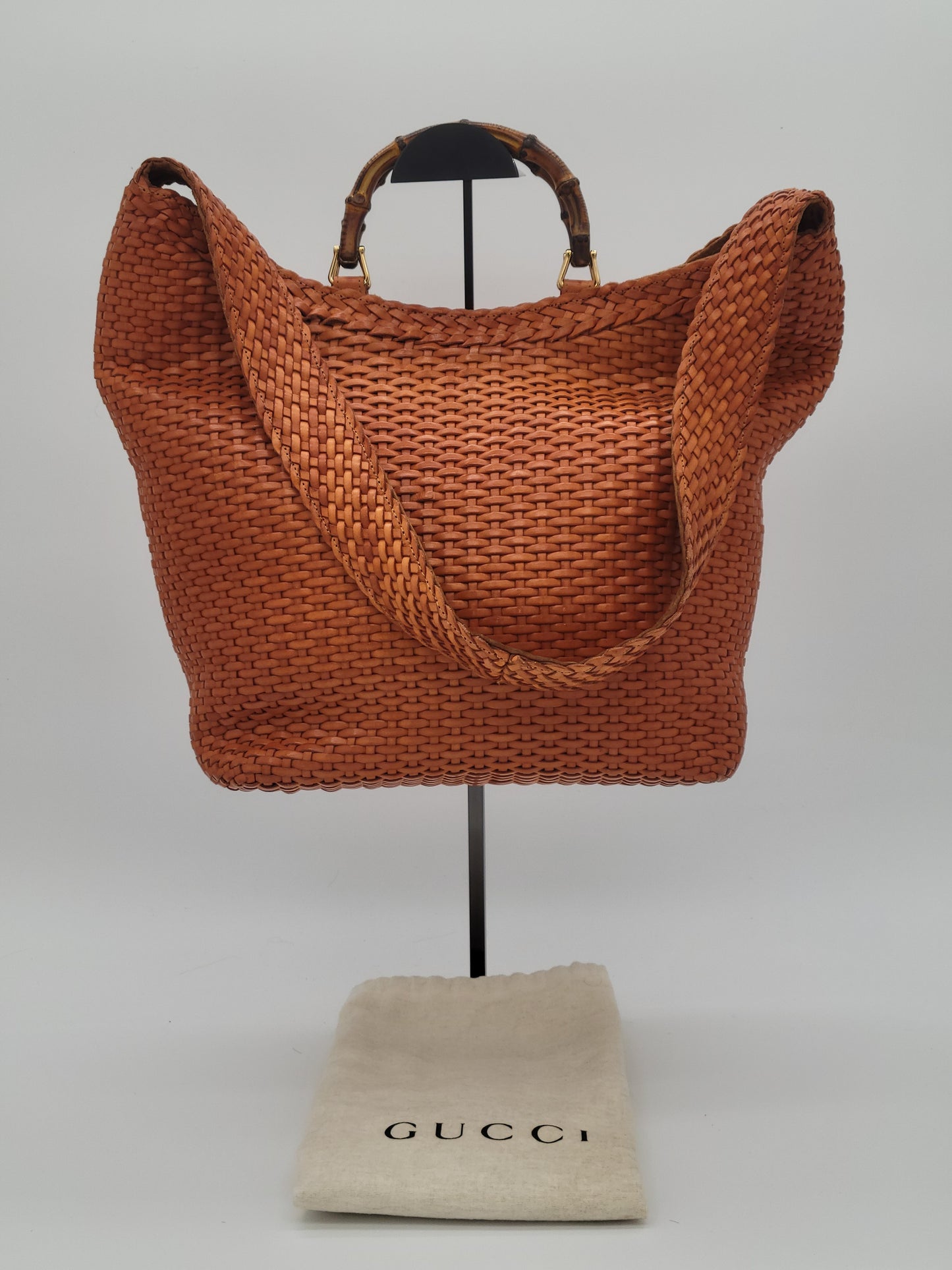 Vintage Tom Ford Gucci Brown Woven Leather Bamboo Handle 2-Way Bag X-Large