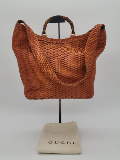 Vintage Tom Ford Gucci Brown Woven Leather Bamboo Handle 2-Way Bag X-Large