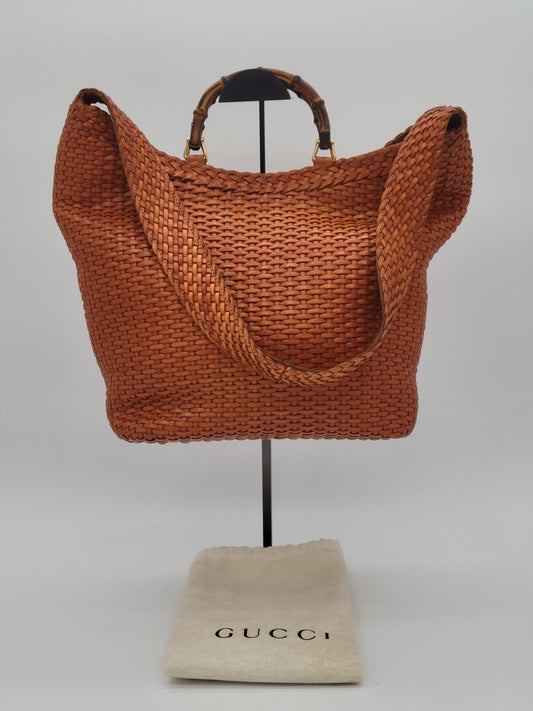 Vintage Tom Ford Gucci Brown Woven Leather Bamboo Handle 2-Way Bag X-Large