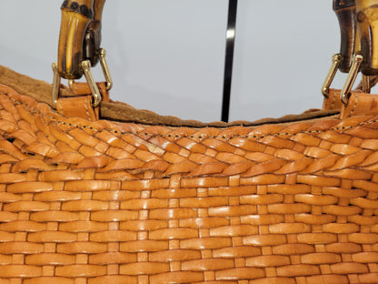 Vintage Tom Ford Gucci Brown Woven Leather Bamboo Handle 2-Way Bag X-Large