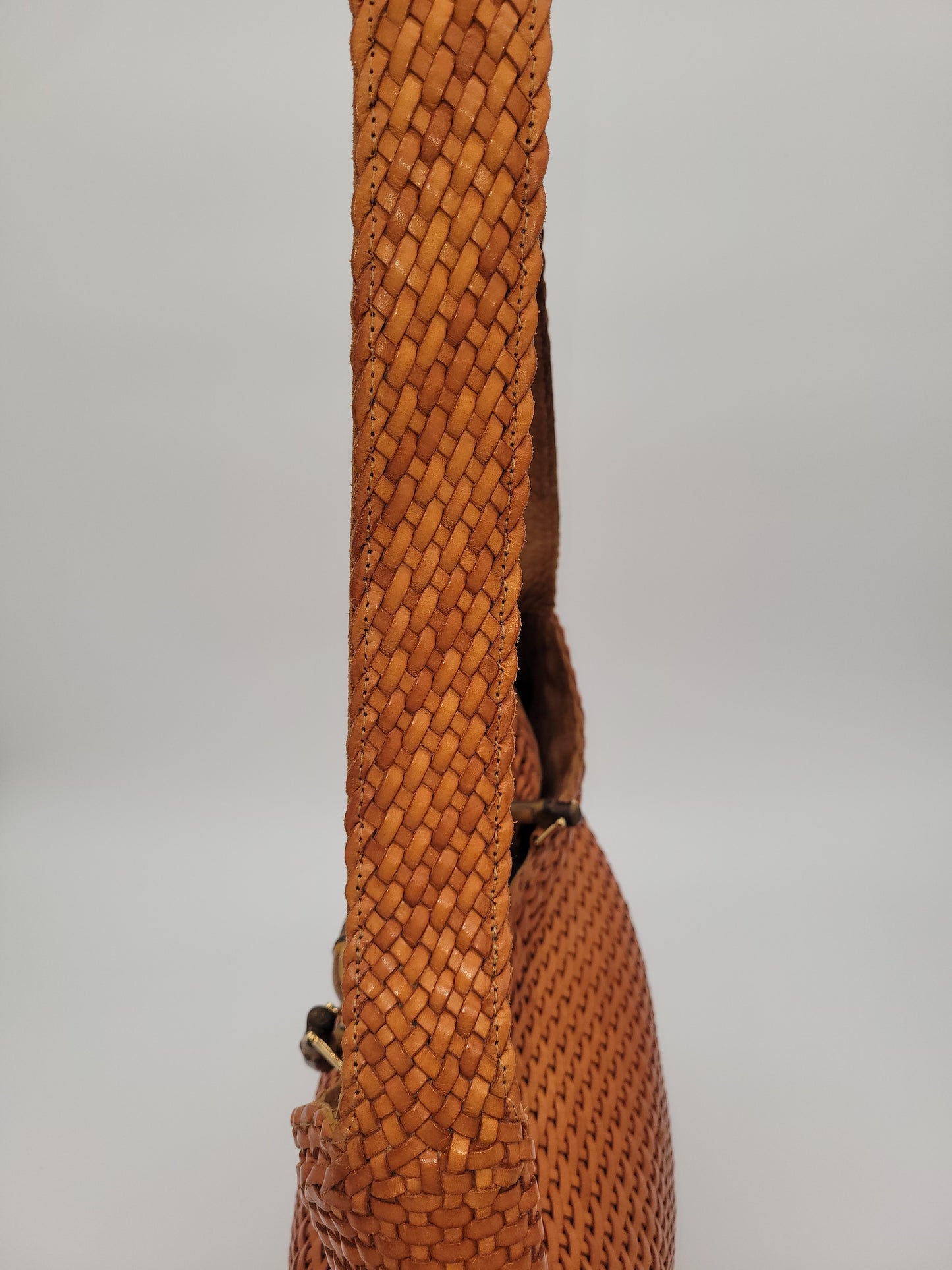 Vintage Tom Ford Gucci Brown Woven Leather Bamboo Handle 2-Way Bag X-Large