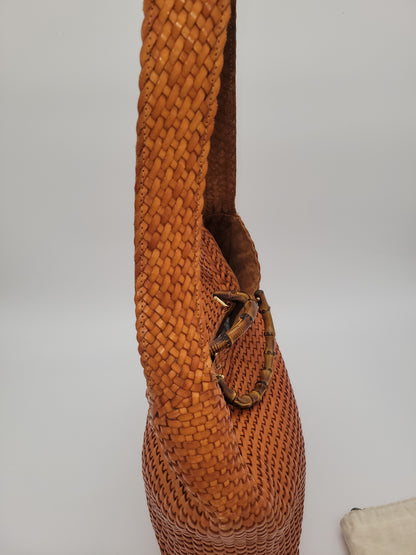 Vintage Tom Ford Gucci Brown Woven Leather Bamboo Handle 2-Way Bag X-Large