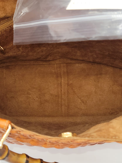 Vintage Tom Ford Gucci Brown Woven Leather Bamboo Handle 2-Way Bag X-Large