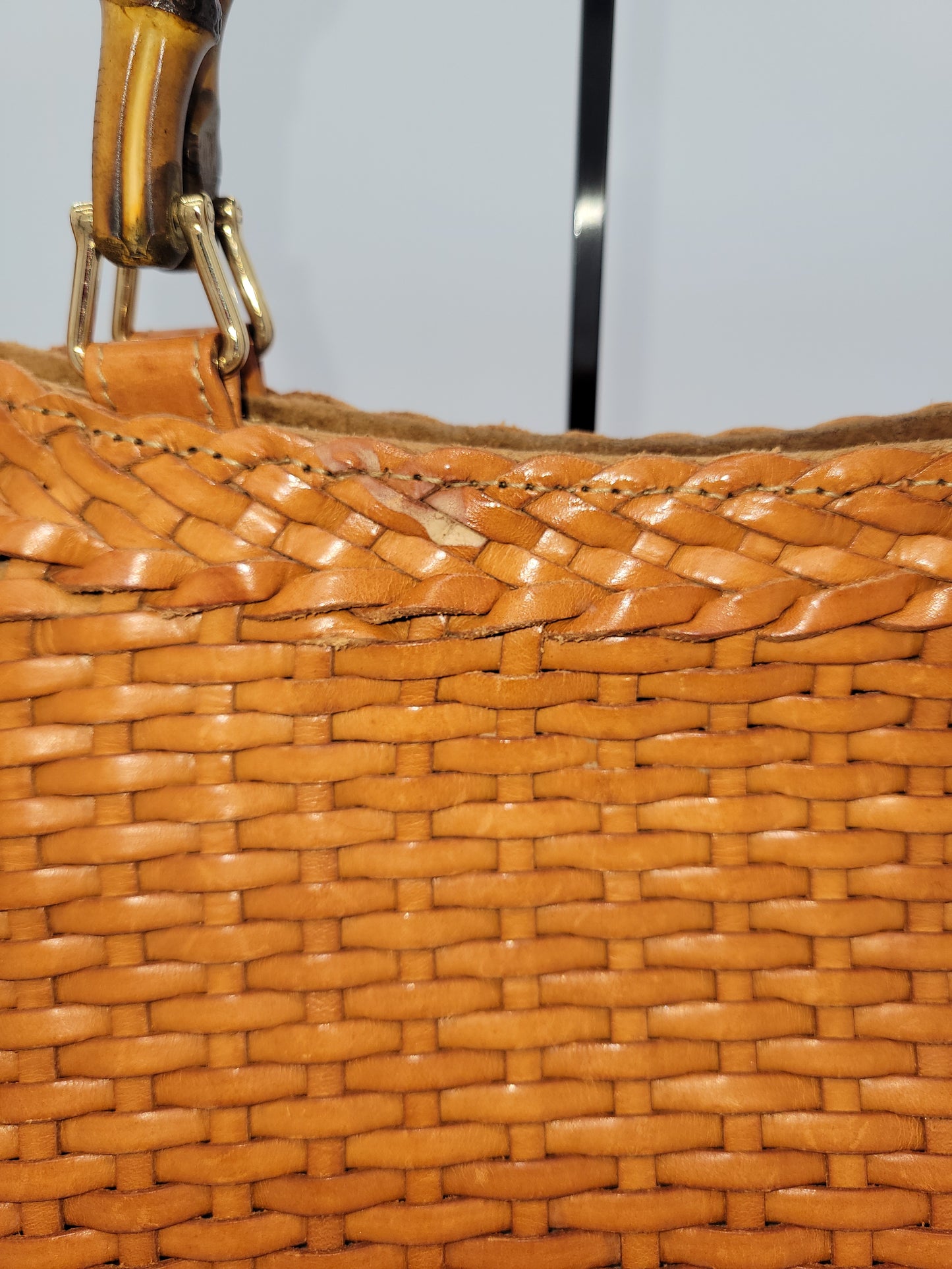 Vintage Tom Ford Gucci Brown Woven Leather Bamboo Handle 2-Way Bag X-Large