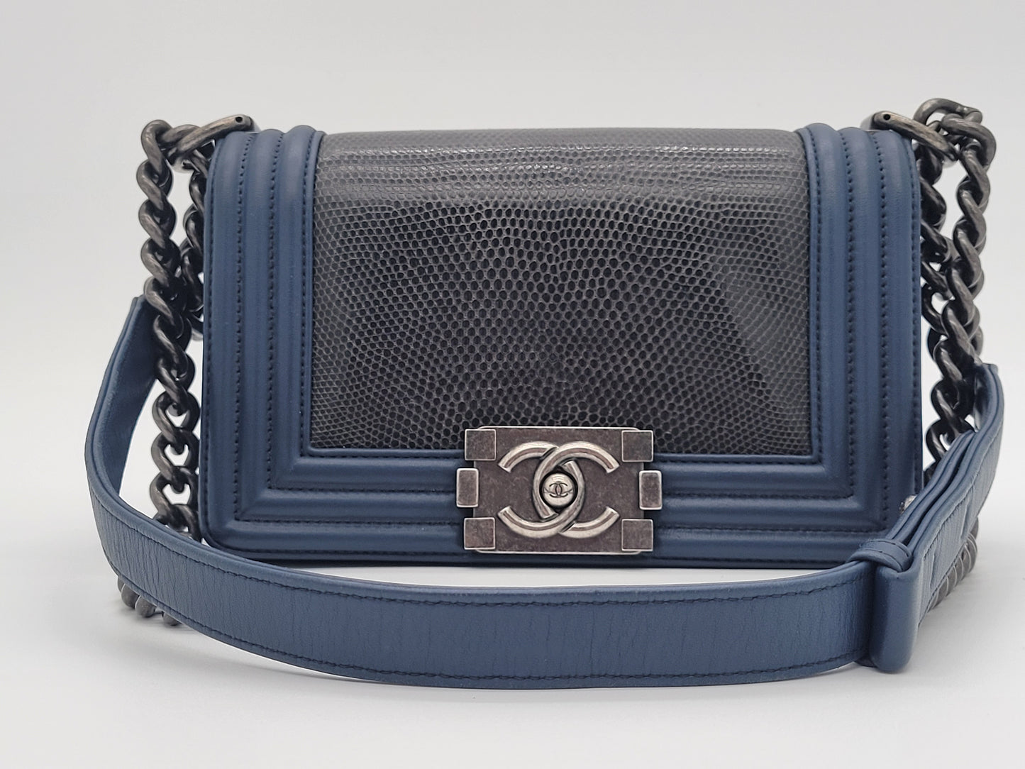 Chanel Small Boy Bag · Navy Lambskin & Black Lizard Exotic