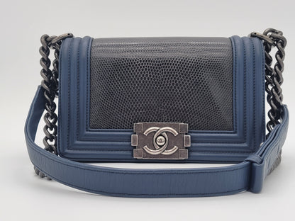 Chanel Small Boy Bag · Navy Lambskin & Black Lizard Exotic