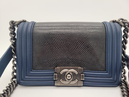 Chanel Small Boy Bag · Navy Lambskin & Black Lizard Exotic