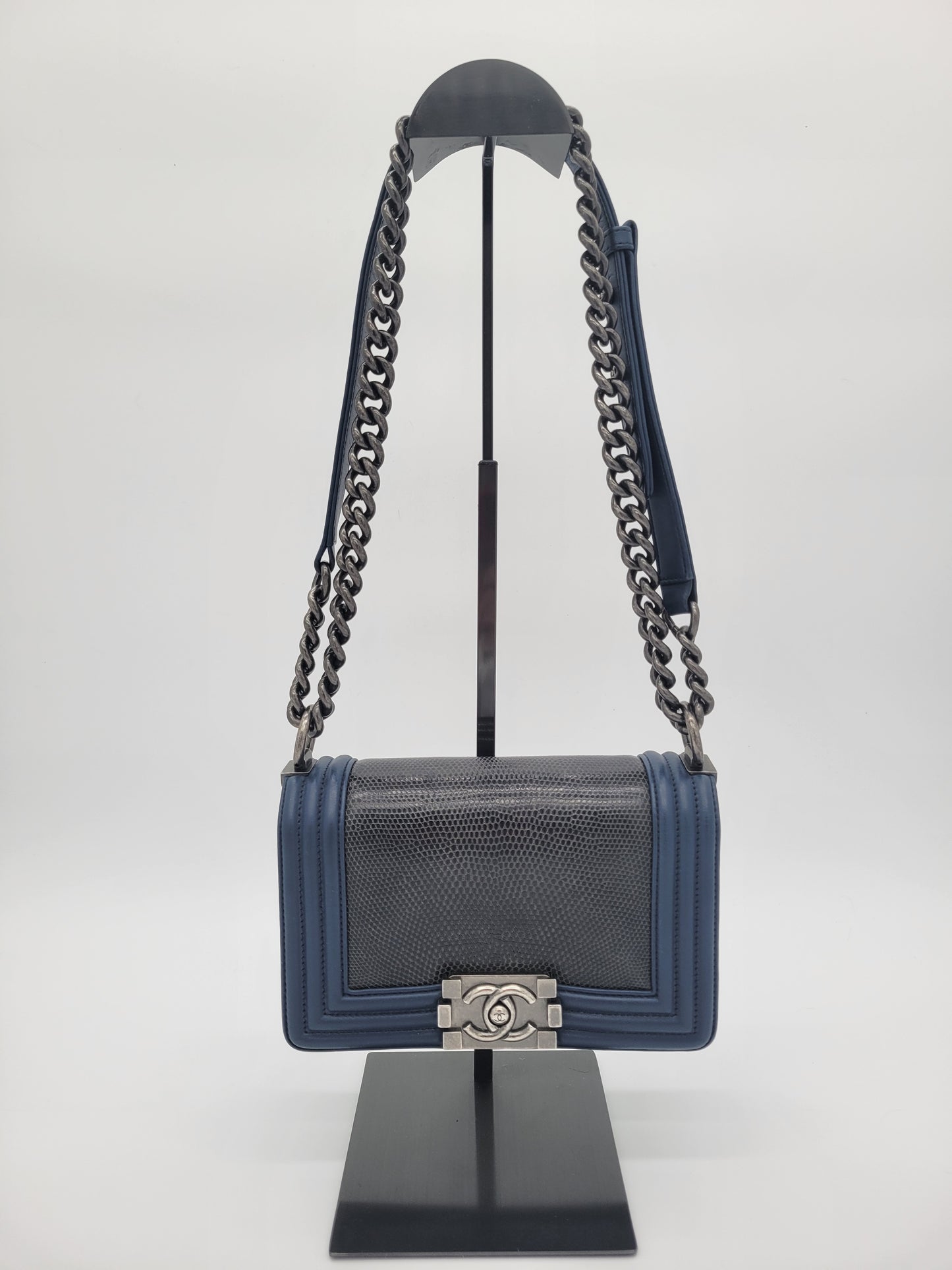 Chanel Small Boy Bag · Navy Lambskin & Black Lizard Exotic