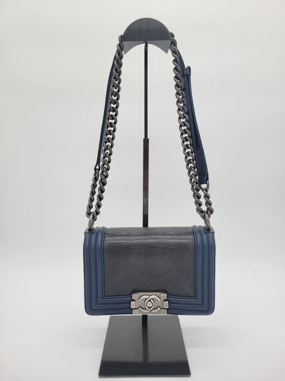 Chanel Small Boy Bag · Navy Lambskin & Black Lizard Exotic