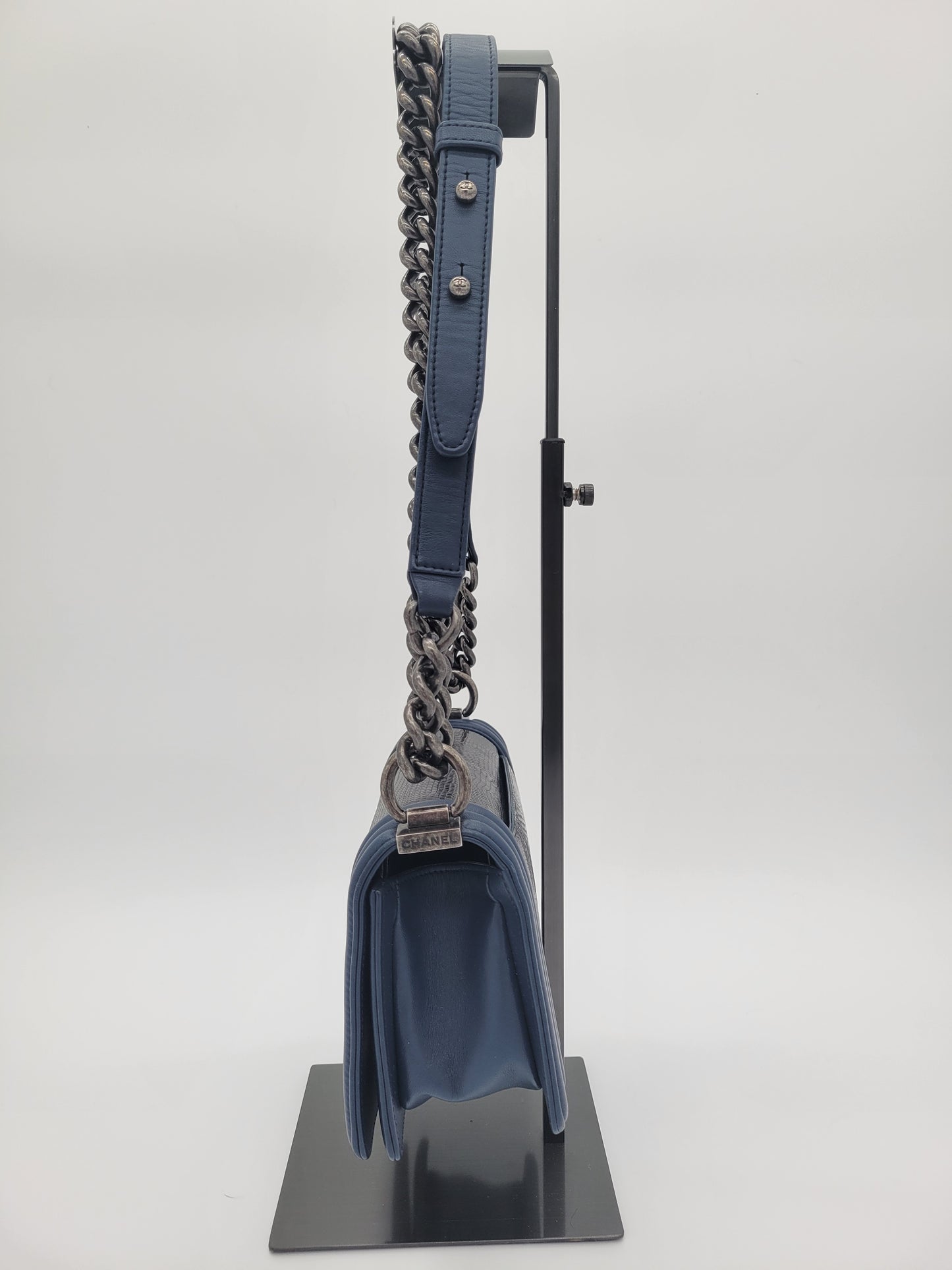 Chanel Small Boy Bag · Navy Lambskin & Black Lizard Exotic