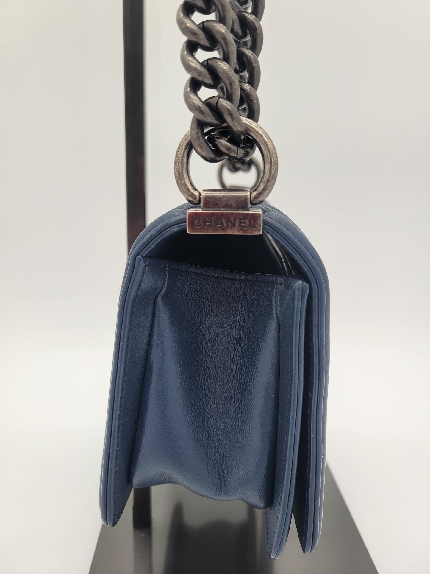 Chanel Small Boy Bag · Navy Lambskin & Black Lizard Exotic