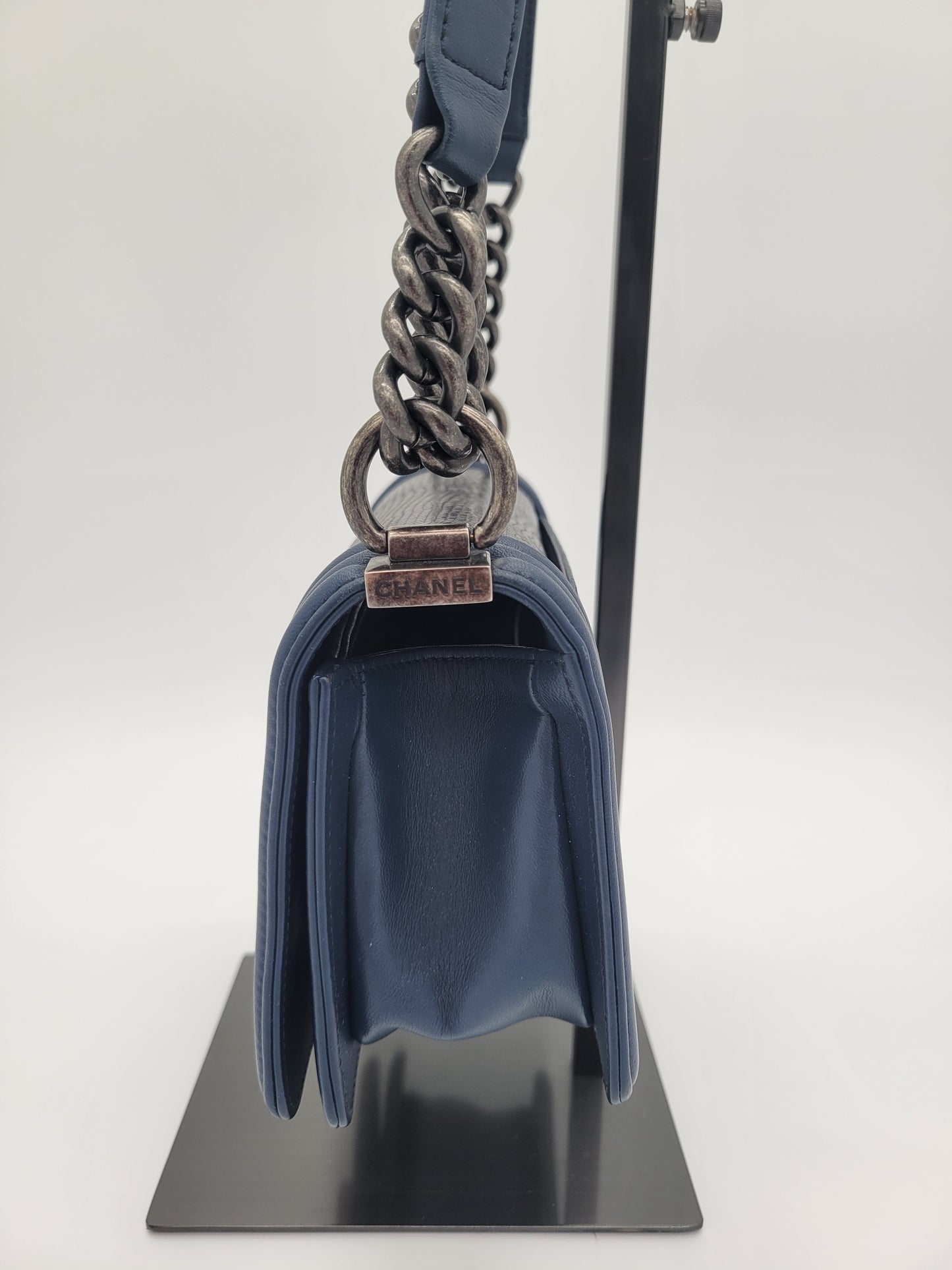 Chanel Small Boy Bag · Navy Lambskin & Black Lizard Exotic