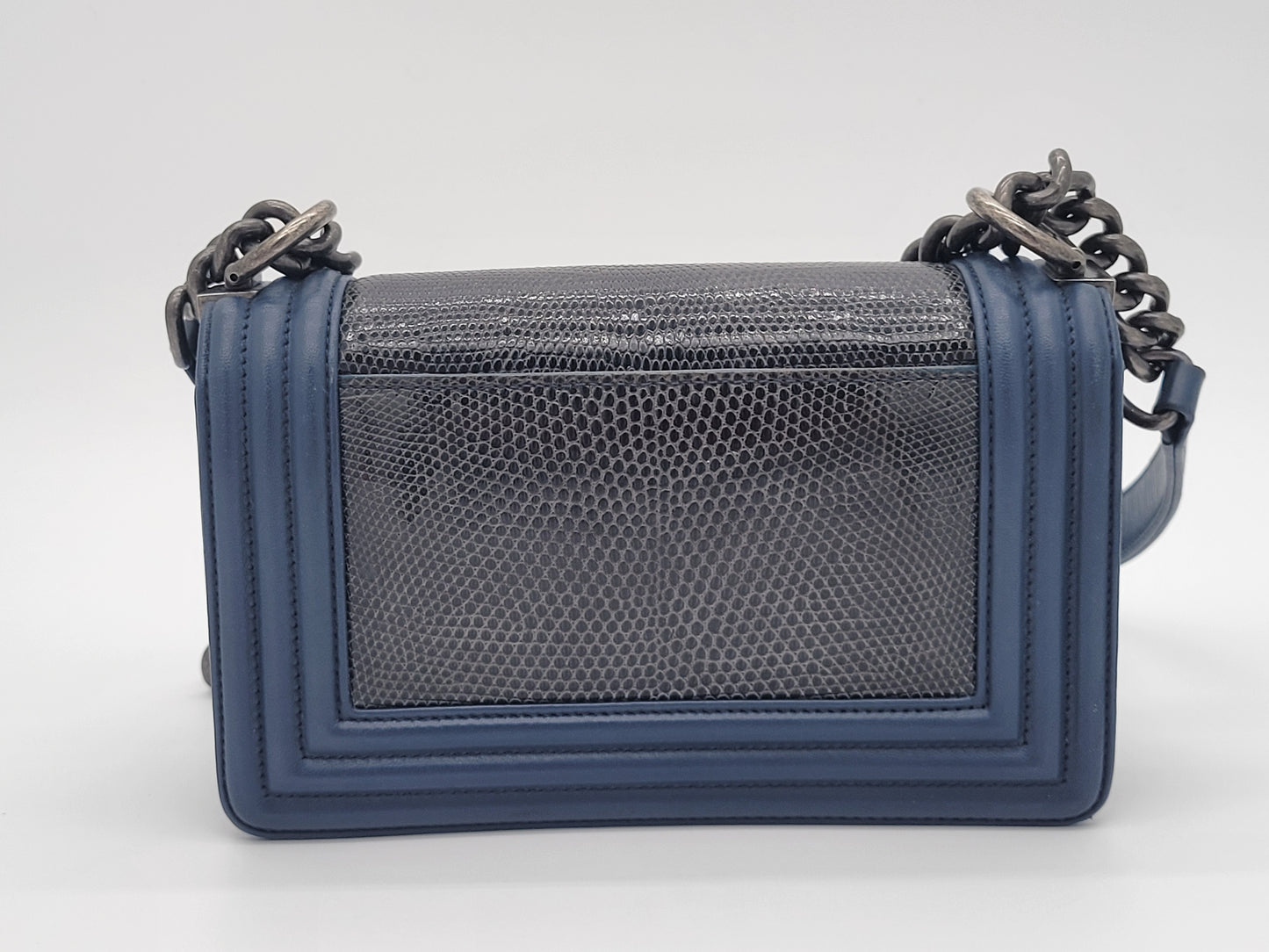 Chanel Small Boy Bag · Navy Lambskin & Black Lizard Exotic