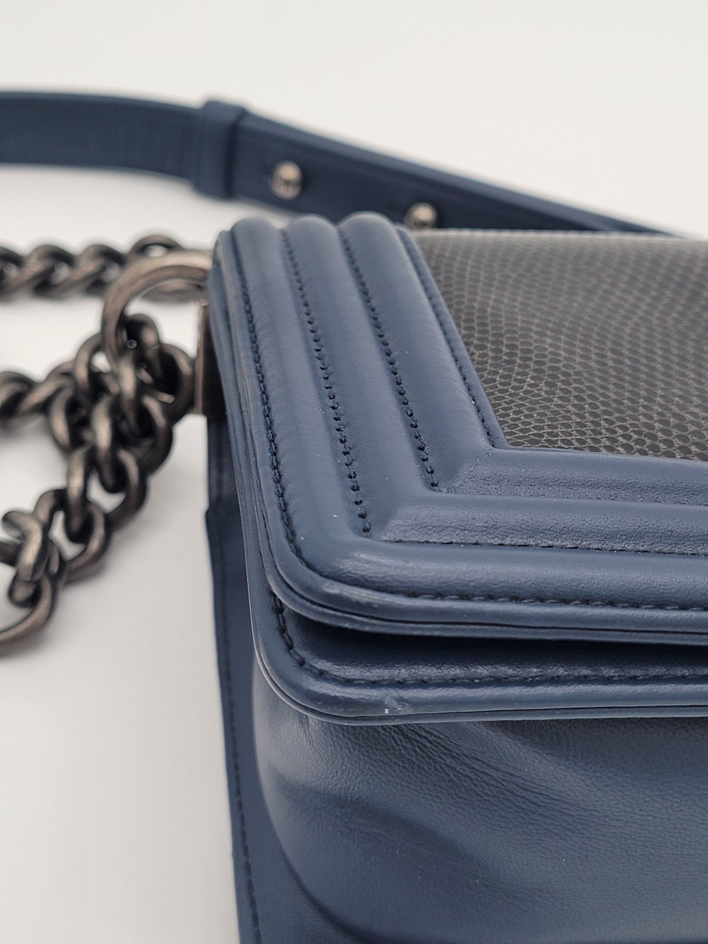 Chanel Small Boy Bag · Navy Lambskin & Black Lizard Exotic