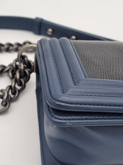 Chanel Small Boy Bag · Navy Lambskin & Black Lizard Exotic