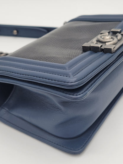 Chanel Small Boy Bag · Navy Lambskin & Black Lizard Exotic