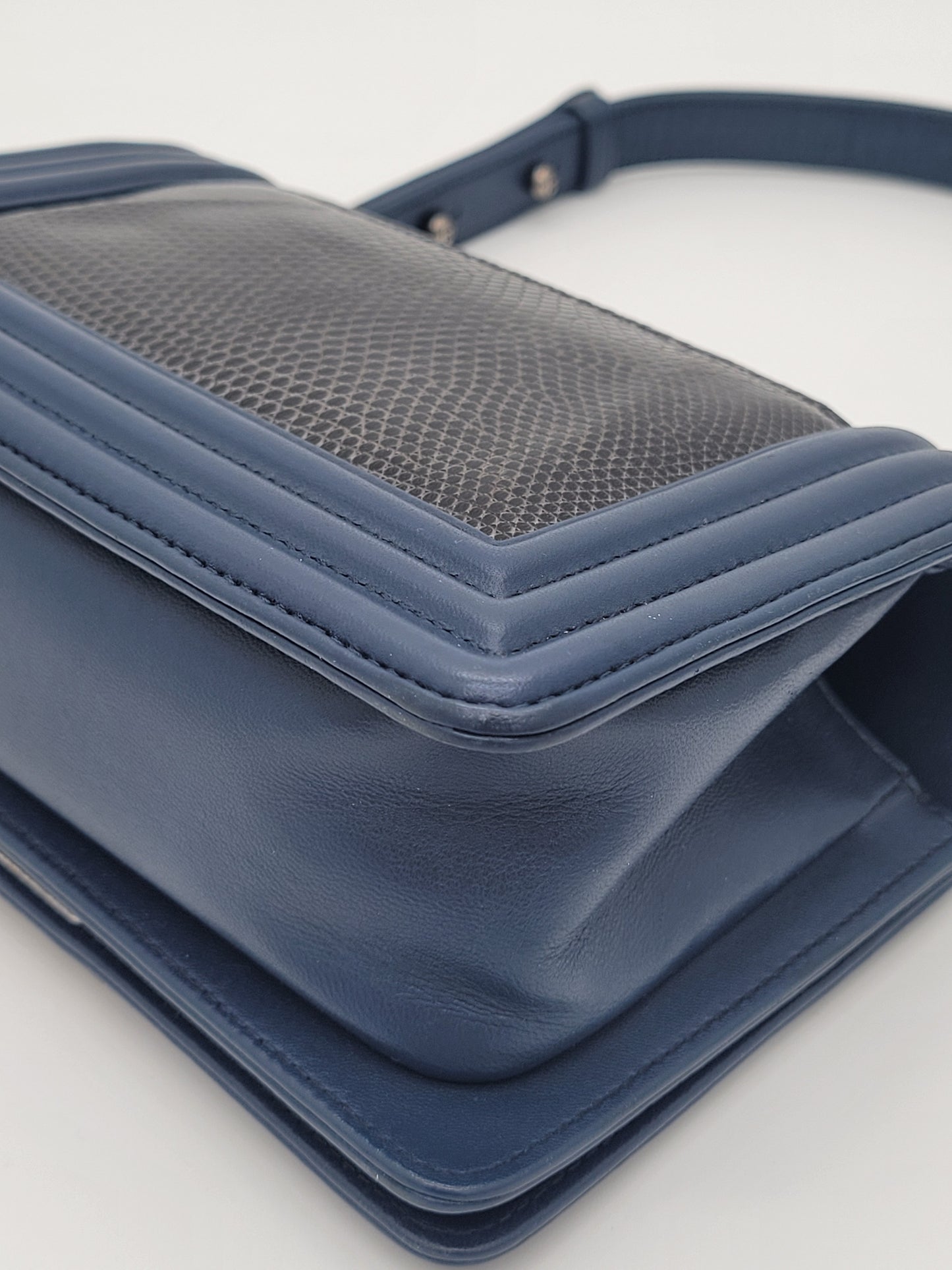 Chanel Small Boy Bag · Navy Lambskin & Black Lizard Exotic