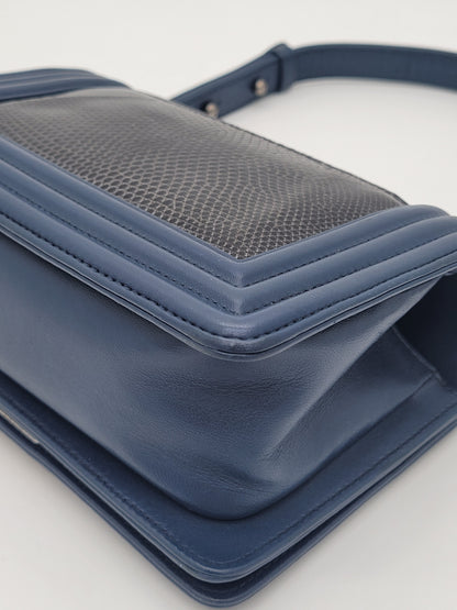 Chanel Small Boy Bag · Navy Lambskin & Black Lizard Exotic