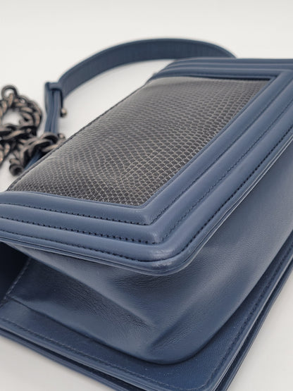 Chanel Small Boy Bag · Navy Lambskin & Black Lizard Exotic