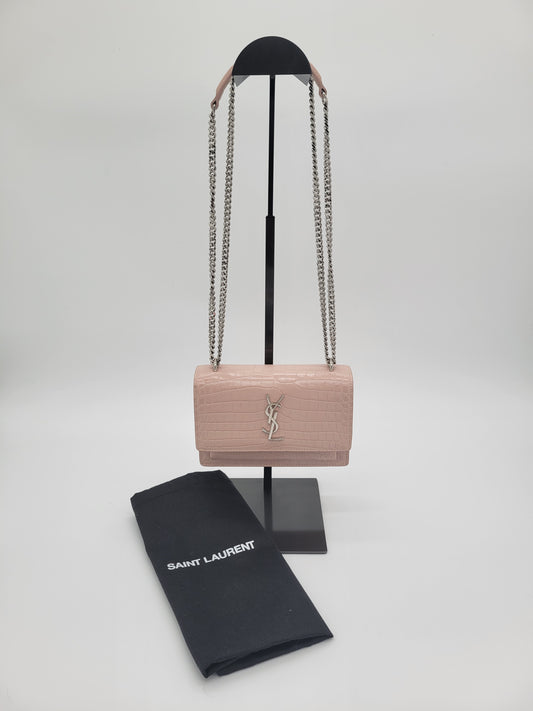 Saint Laurent Sunset Bag in Powder Pink Crocodile-Embossed Leather