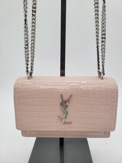 Saint Laurent Sunset Bag in Powder Pink Crocodile-Embossed Leather