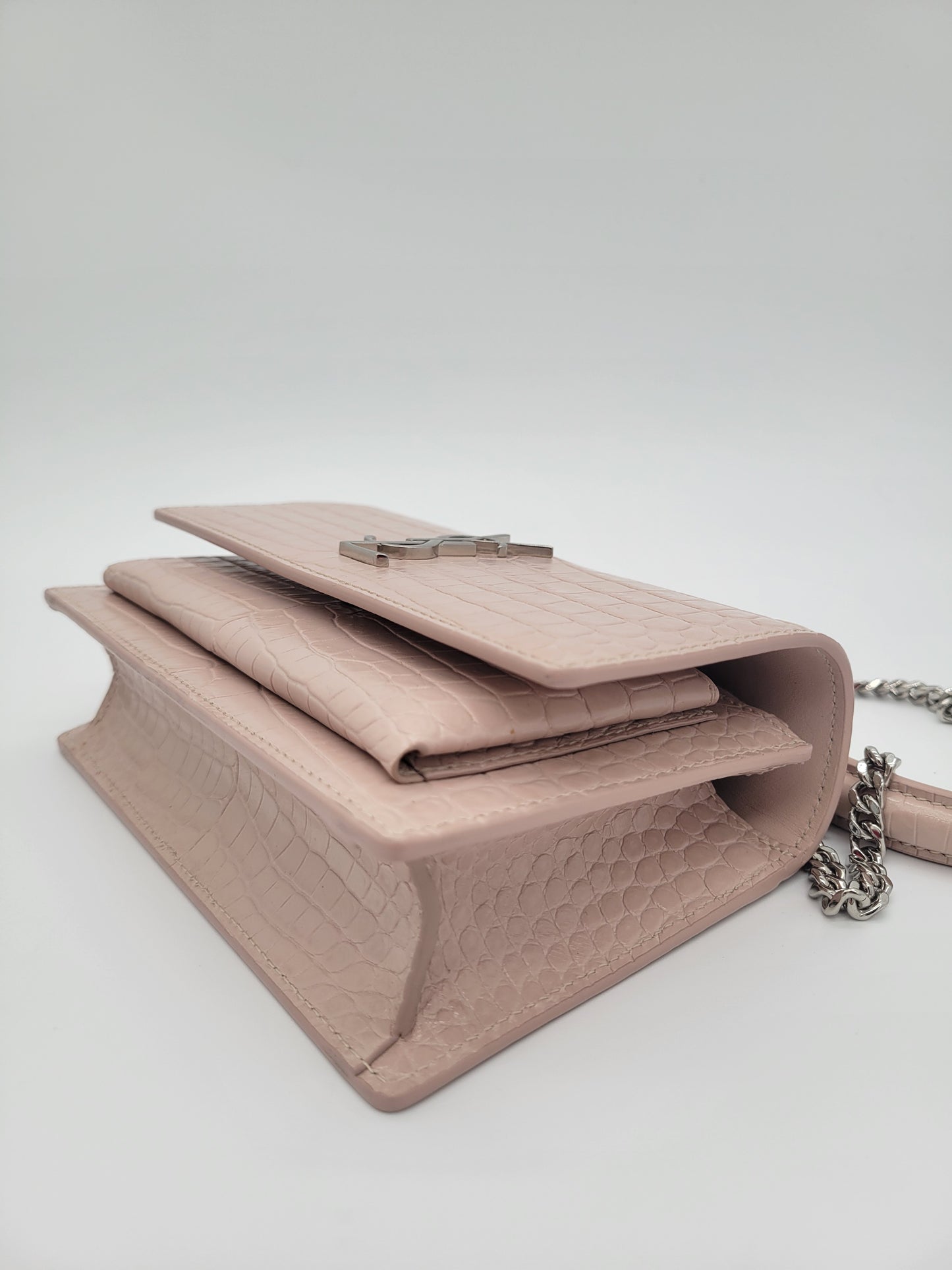Saint Laurent Sunset Bag in Powder Pink Crocodile-Embossed Leather