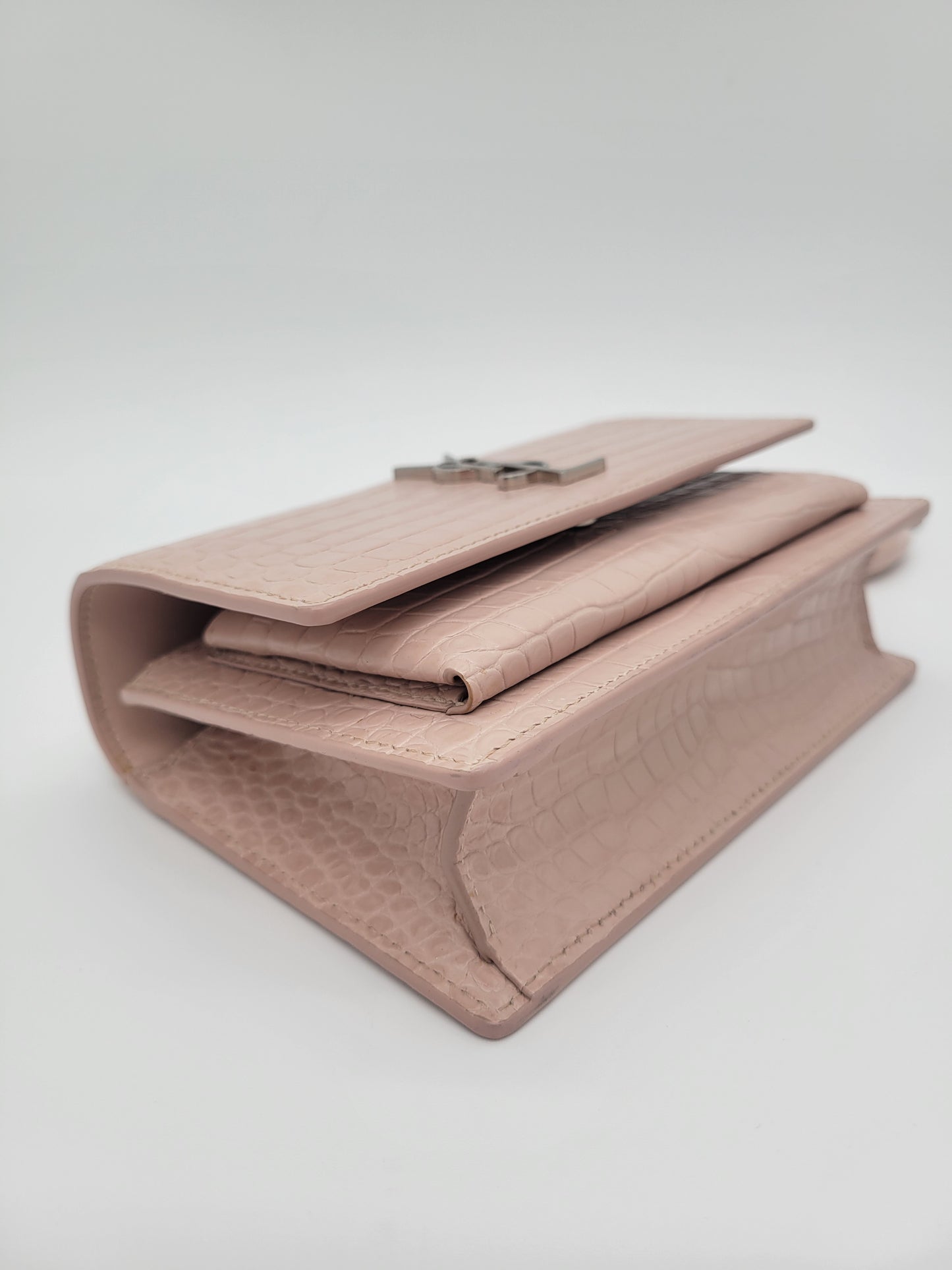 Saint Laurent Sunset Bag in Powder Pink Crocodile-Embossed Leather