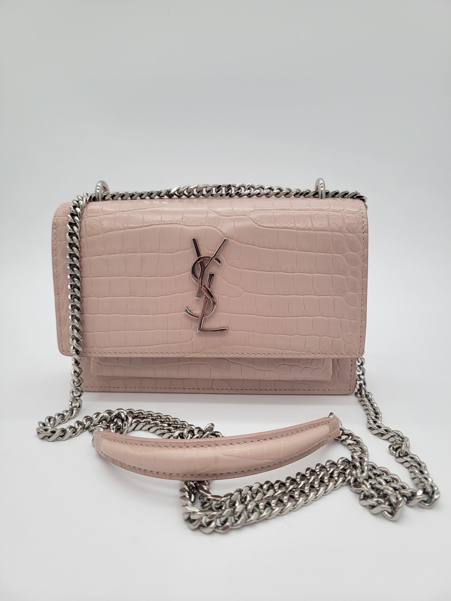 Saint Laurent Sunset Bag in Powder Pink Crocodile-Embossed Leather