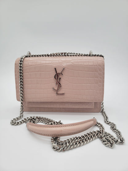 Saint Laurent Sunset Bag in Powder Pink Crocodile-Embossed Leather