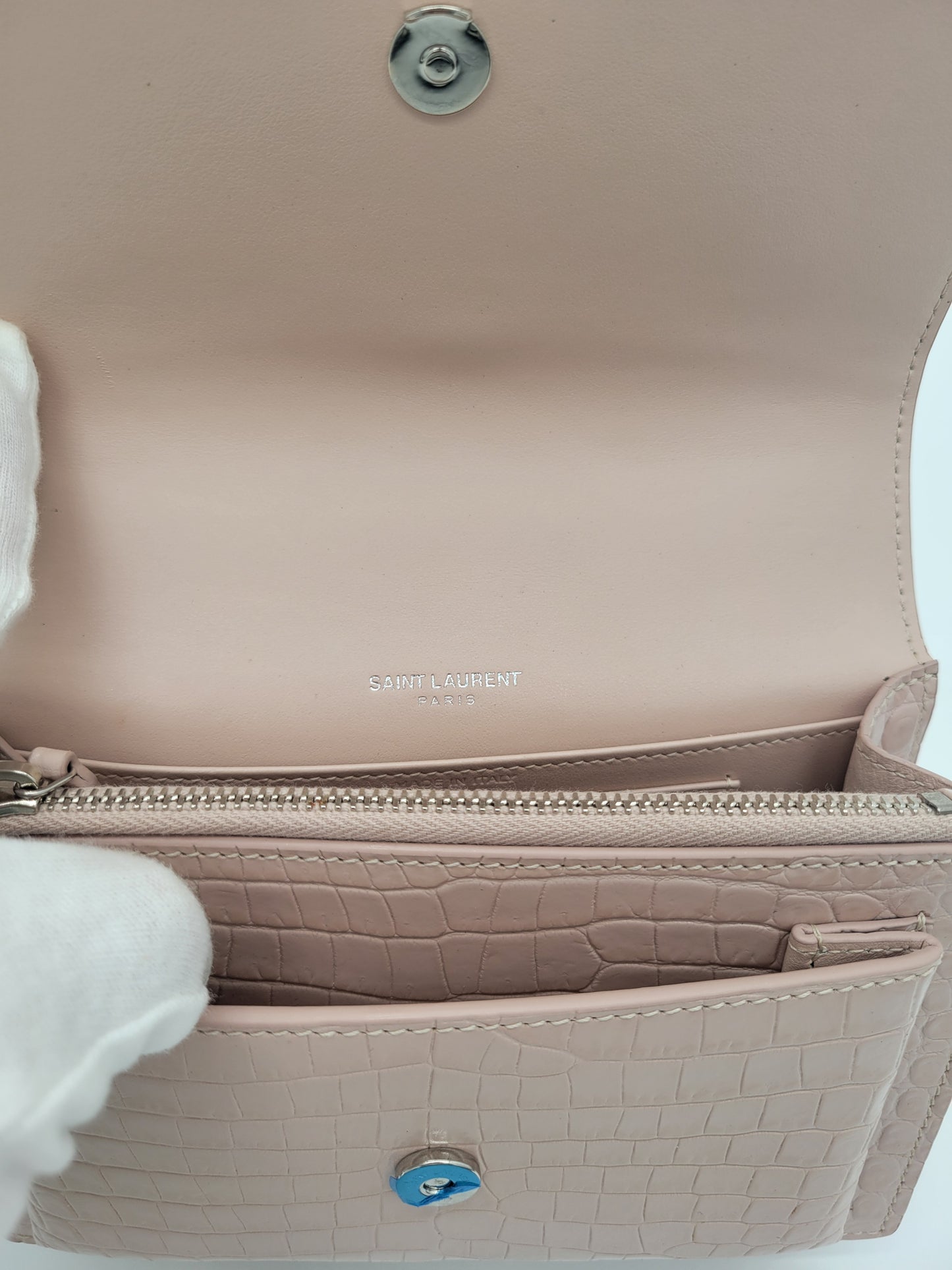 Saint Laurent Sunset Bag in Powder Pink Crocodile-Embossed Leather