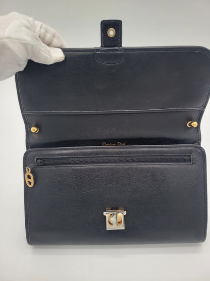 Vintage Christian Dior Black Leather Flap Shoulder Bag