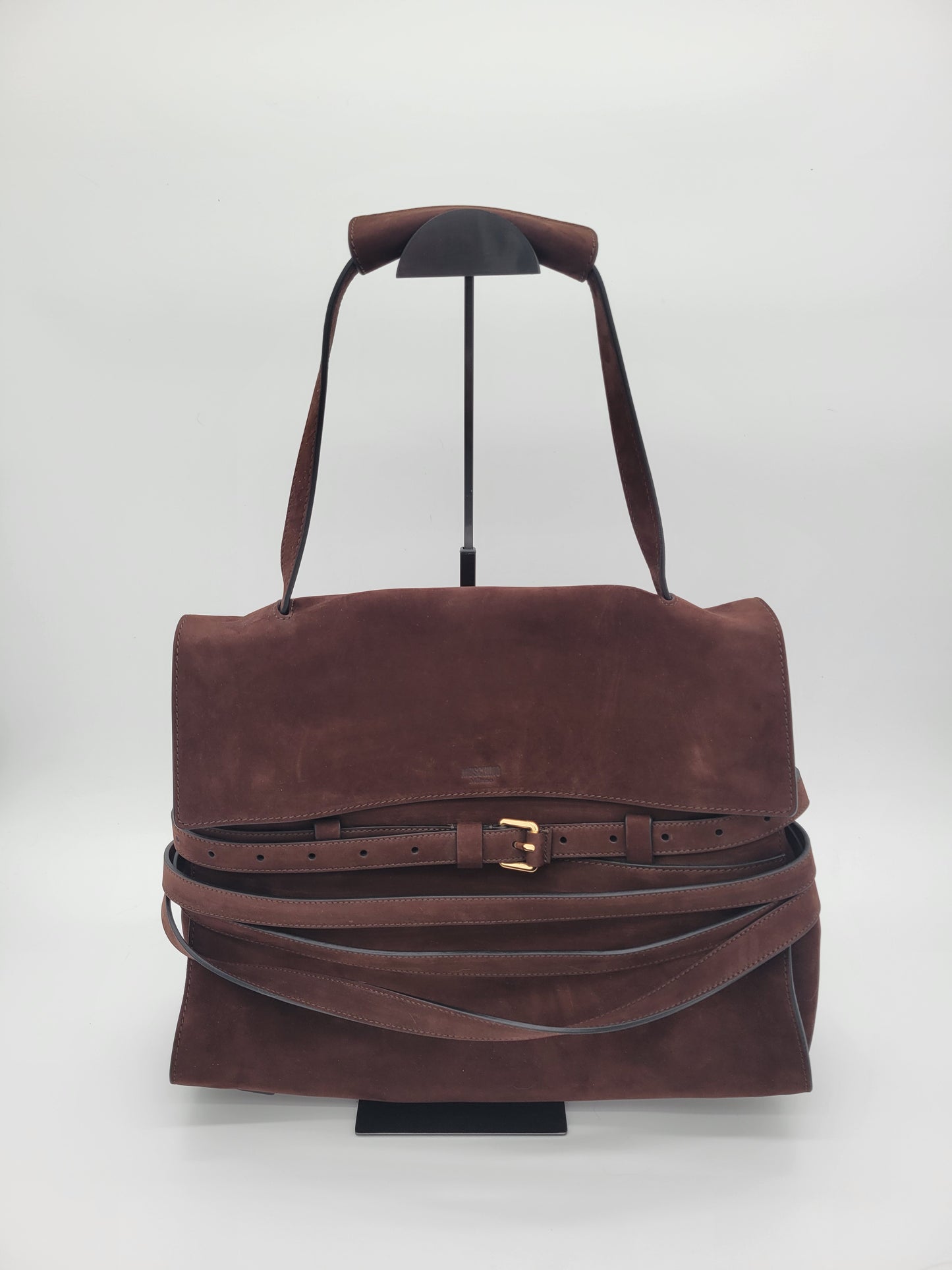 Moschino Milano "Tie Me" Large Suede Shoulder Bag · Chocolate Brown