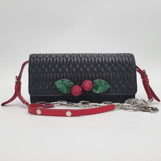 Miu Miu Black Matelassé Leather Cherry Wallet on Chain