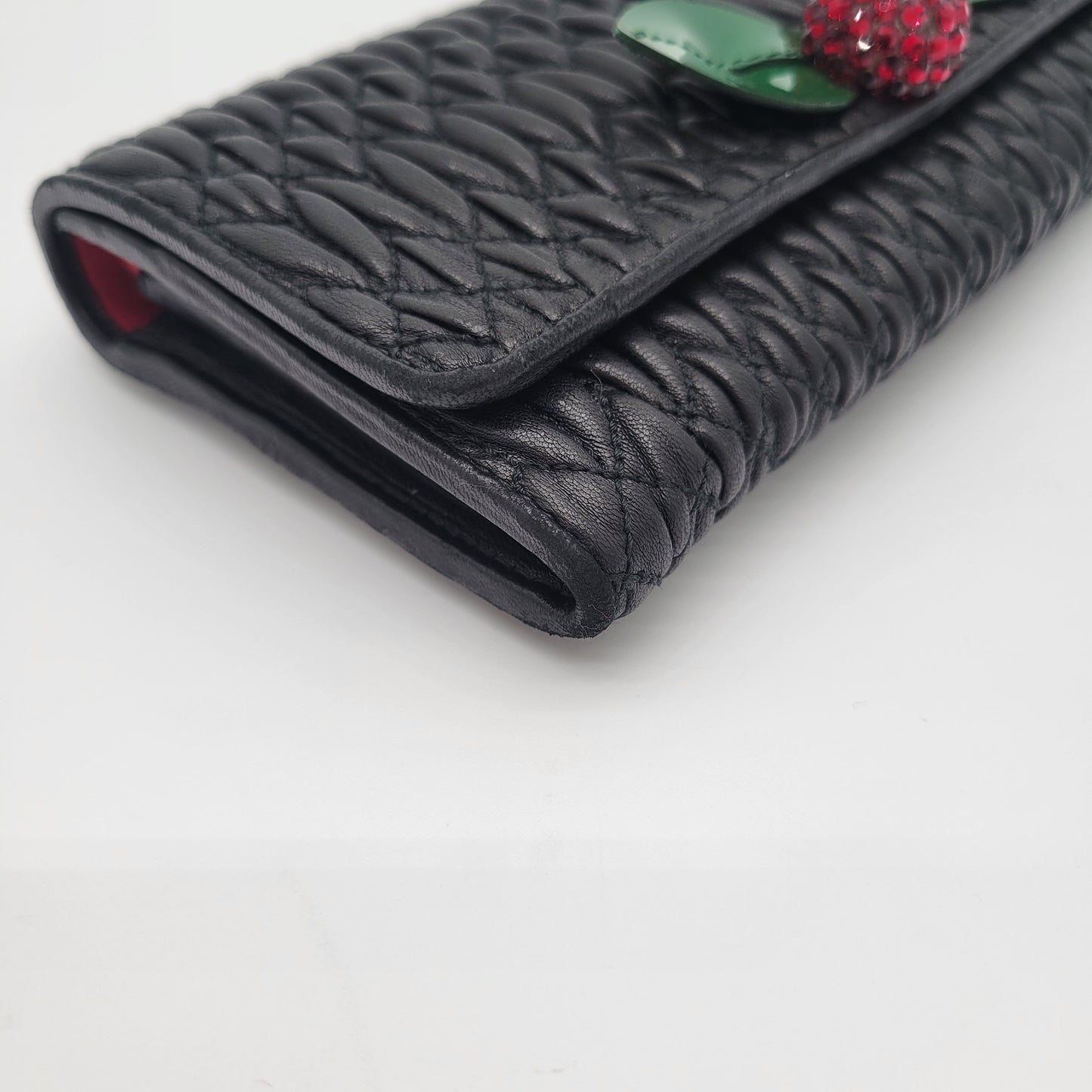 Miu Miu Black Matelassé Leather Cherry Wallet on Chain