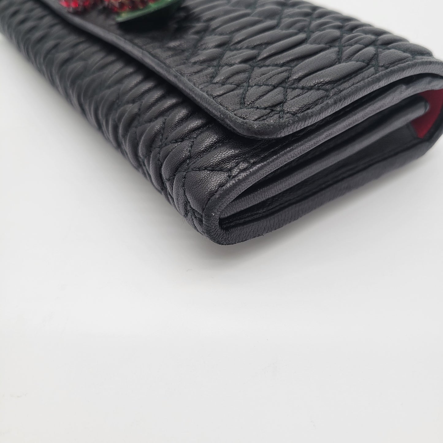 Miu Miu Black Matelassé Leather Cherry Wallet on Chain
