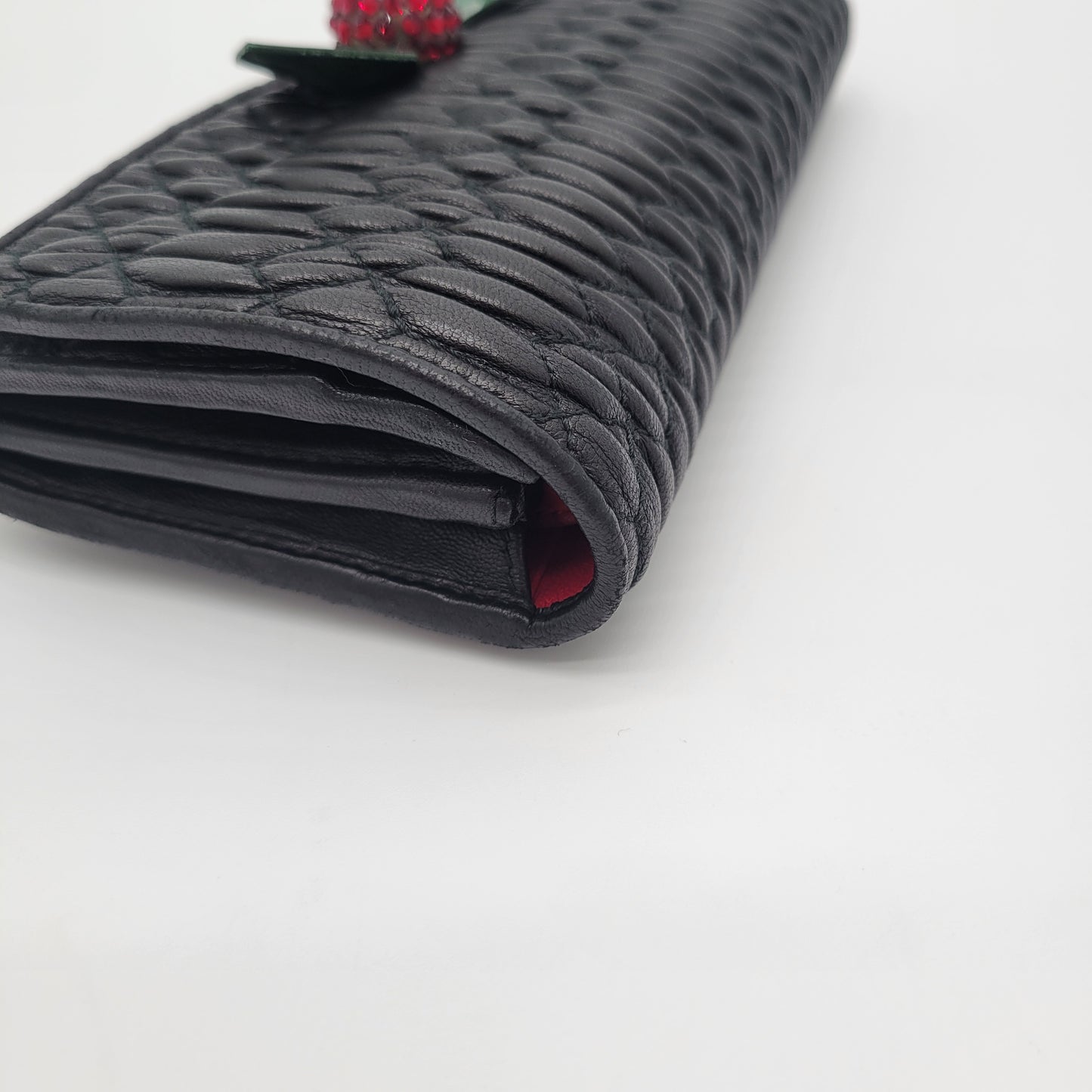 Miu Miu Black Matelassé Leather Cherry Wallet on Chain