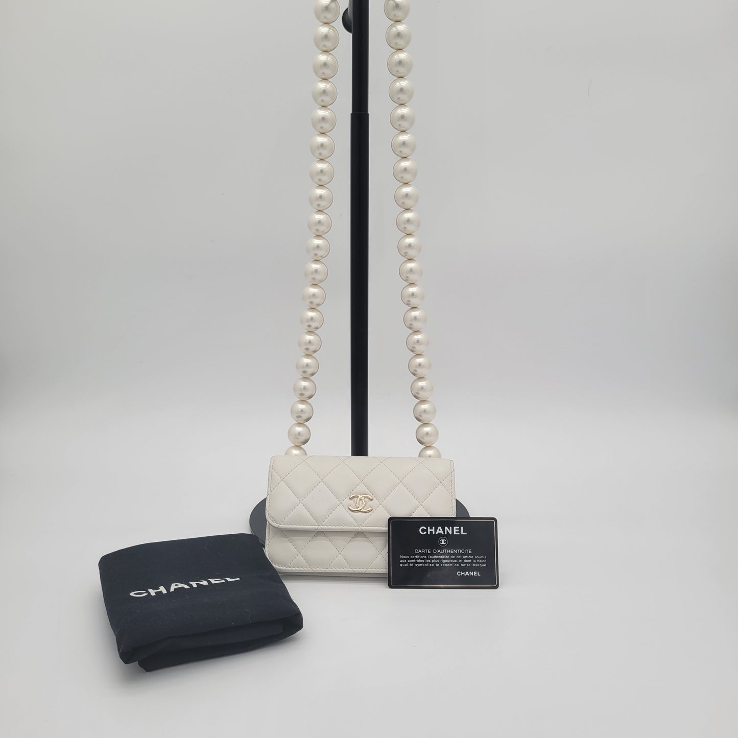 Calfskin Quilted Mini Maxi Pearls Wallet On Chain WOC White