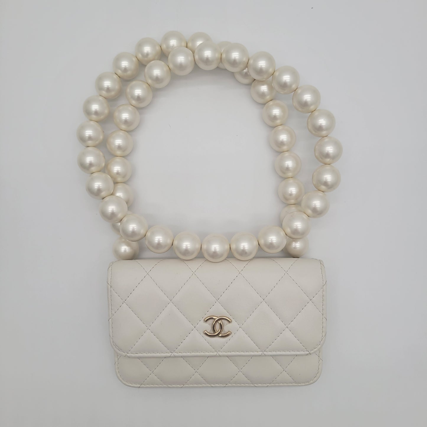 Calfskin Quilted Mini Maxi Pearls Wallet On Chain WOC White