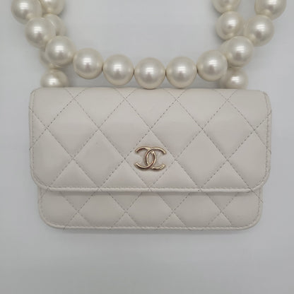 Calfskin Quilted Mini Maxi Pearls Wallet On Chain WOC White